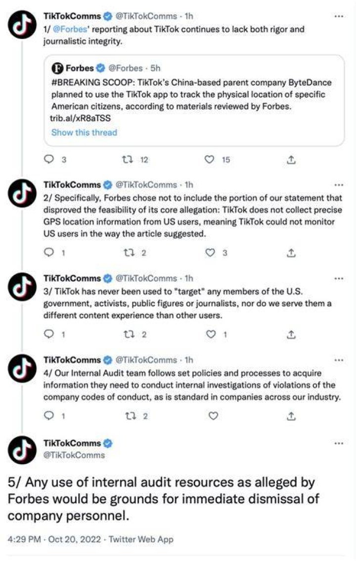 TikTok fires back at Forbes, denies report of a plan to track specific